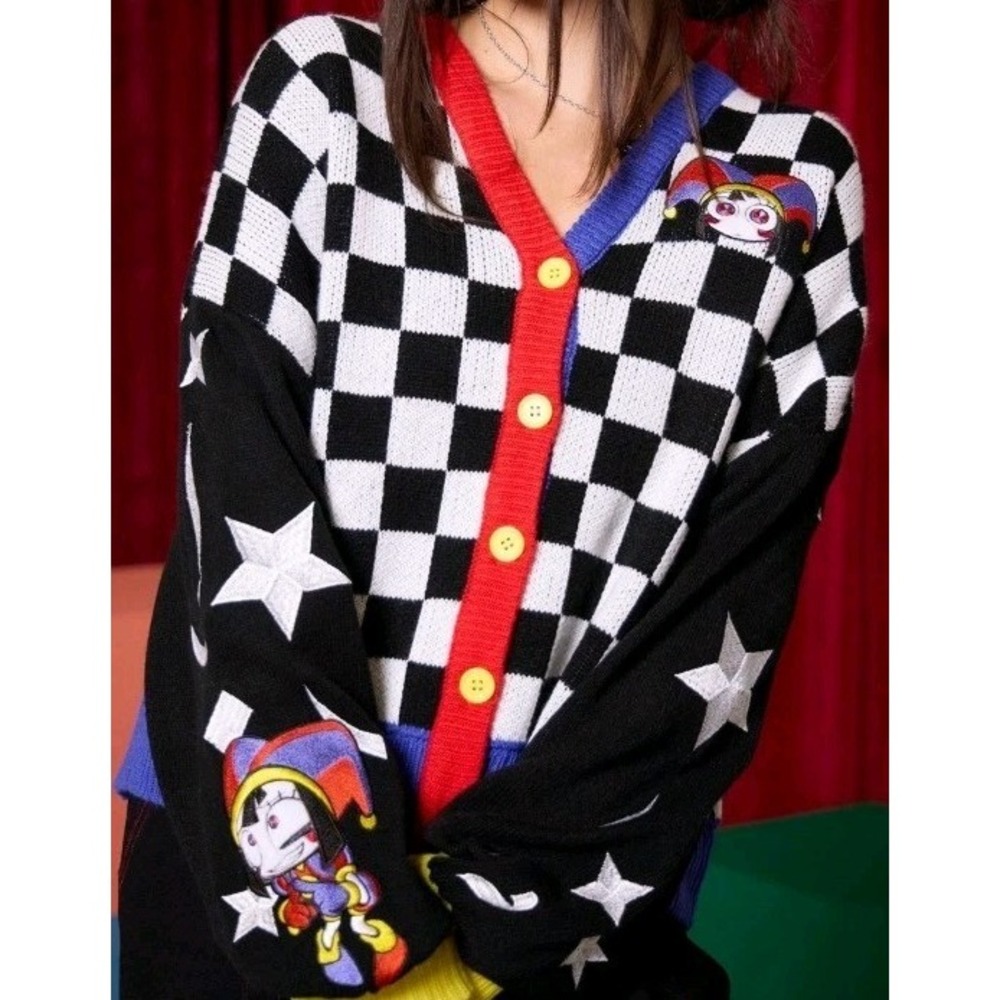 NEW The Amazing Digital Circus Pomni Checkered Embroidered Cardigan Wom XLarge